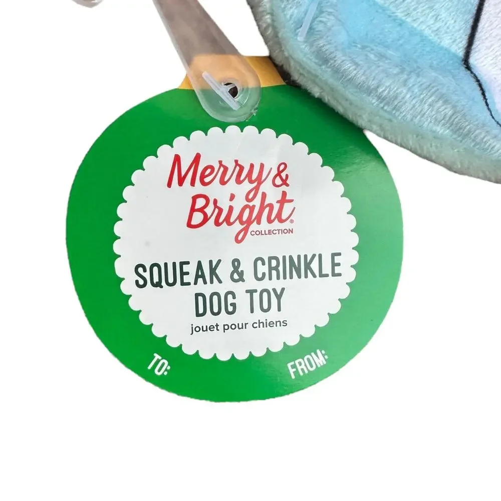 Merry & Bright Flattie Owl Dog Toy Light‎ Blue Crinkle Squeak Plush Shake Thrash